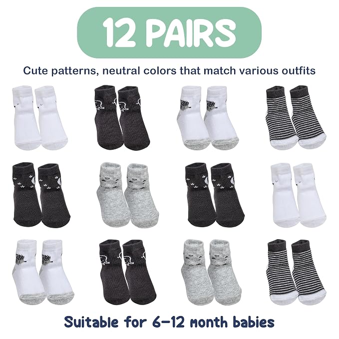 Mother's Choice Organic Cotton Baby Socks 6-12 Months - 12 pairs Soft and Cozy Girls and Boys Sock, Gentle Newborn Socks, Ideal For Baby Registry Infant Footwear and Little Feet Comfort