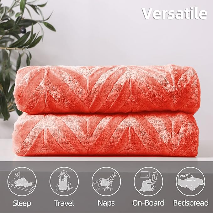 Whale Flotilla Flannel Fleece Fall Bed Blanket Queen Size, Coral | Lightweight Breathable Soft Bedspread, Plush Fluffy Coverlet Chevron Design Decorative Blanket for Home Life, 90x90 Inch