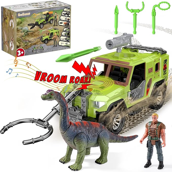 EKU Dinosaur Truck with 10 Sounds, Launcher, Wide-Mouth Fork, Human, Heads Moves Attack Brachiosaurus Figure, Push and Go Adventure Vehicle for Jurassic World Toys Pretend Play Gifts for Kids 3+