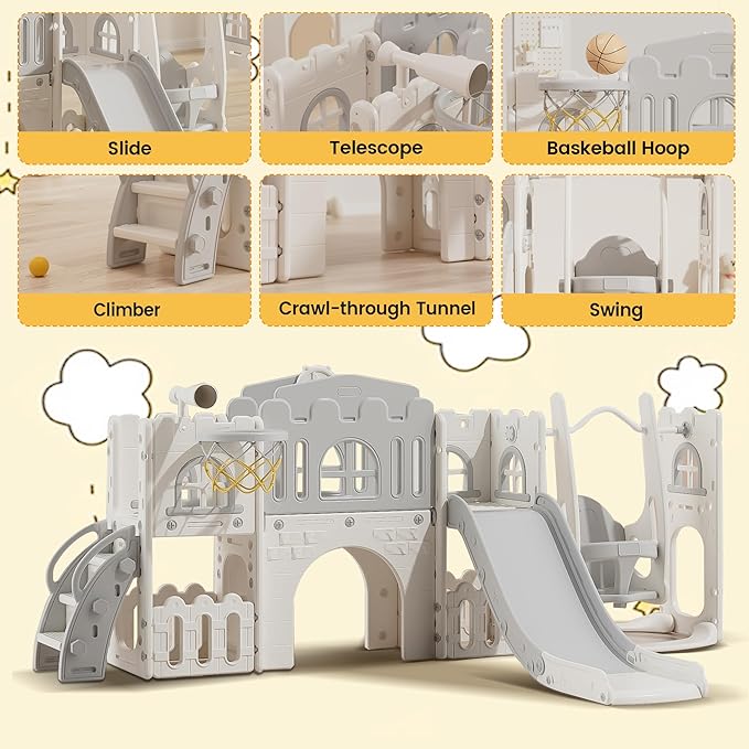 10 in 1 Toddler Slide Age 1-3 with Swing Basketball Hoop and Telescope Indoor Outdoor Slide Playset Toddler Playground (Grey)