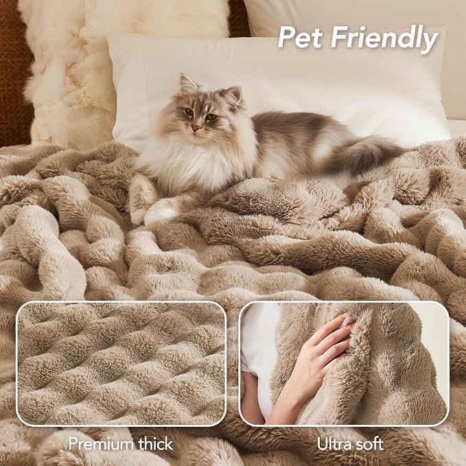 L'AGRATY Faux Rabbit Fur Throw Blanket for Couch, 60'' x 80'', Light Linen | Soft Cozy Bubble Fluffy Blanket for Sofa Bed, Thick Warm Plush Fuzzy Throw for Room Home Decor, Luxury Gift for Women Mom
