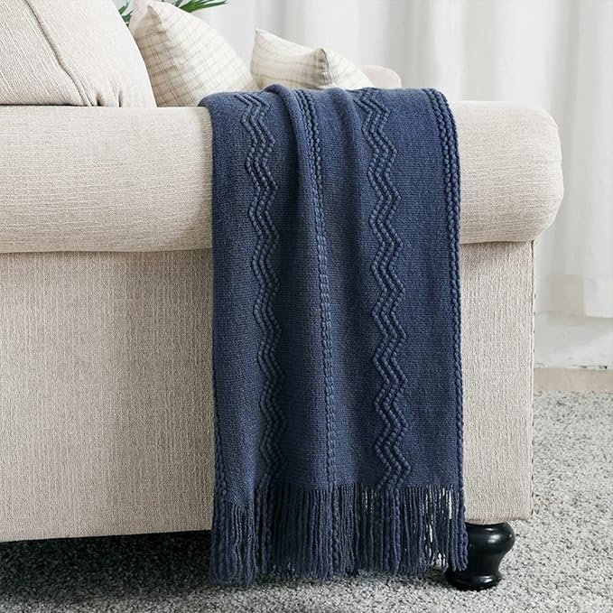BOURINA Navy Throw Blanket 50x60 Inch Boho Knitted Soft Throw Sofa Blanket | Knitted Throw Blanket 50x60 Inches, Soft Lightweight Boho Weave Throw Decorative Couch Blanket for Living Room Bedroom Chair