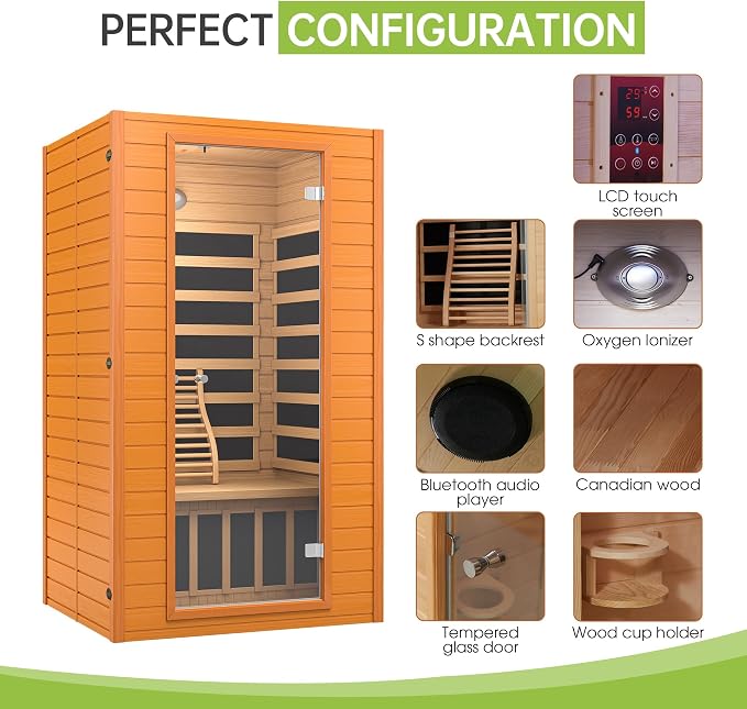 Real Relax Infrared Sauna for Home, Home Infrared Saunas up to 1-2 Persons, Canadian Hemlock Wooden Indoor Dry Sauna Room with Low Emf Red Light Therapy, 9-Color Chromotherapy Lights