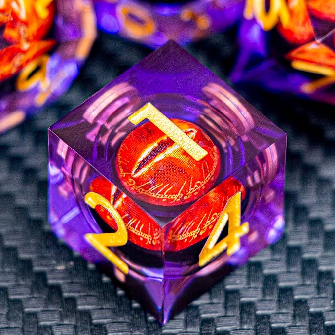 ARUOHHA DND Resin Dice Gazes Eye Dice Purple Gold Liquid Core Flaming RPG Sharp Edged Dice Set with Gift Box, Polyhedral D and D Dice Set Compatible with Dungeons Dragons Role Playing Game D20 D6