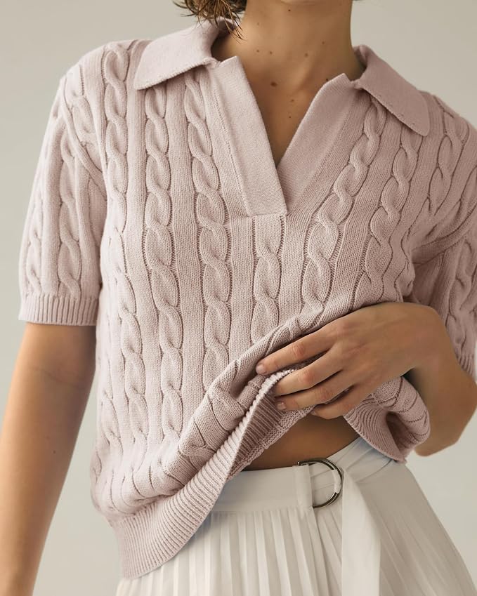 Imily Bela Womens Cable Short Sleeve Sweaters Tops Lapel V Neck Knit Shirt | Solid,Knit Casual,Soft Pullover,Fall Sweaters,Womens Summer Work Tops