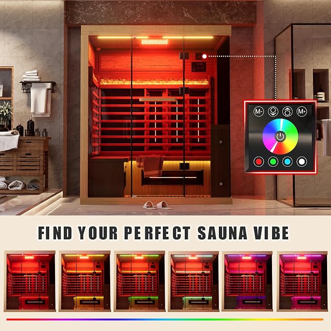 MEISSALIVVE Full Spectrum Infrared Sauna，3-4 Person Home Sauna，Wooden Canadian Hemlock Luxury Indoor Spa Sauna with Resonance Speaker, Panoramic Tempered Glass Door
