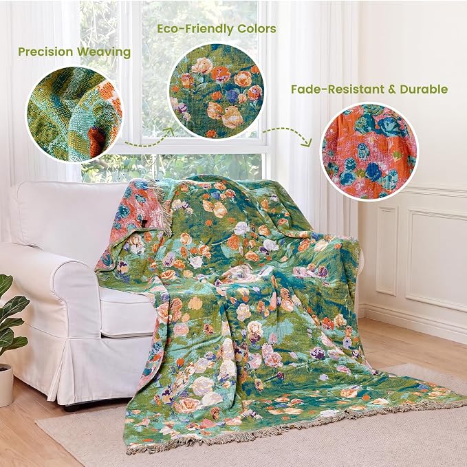 MSGKV Boho Throw Blanket 50"x60" Cotton Floral Muslin Blanket for Sofa | Cotton Floral Throw, Muslin Blanket, Summer Lightweight, Breathable Comfort, Farmhouse Decor, Couch Throw, Machine Washable