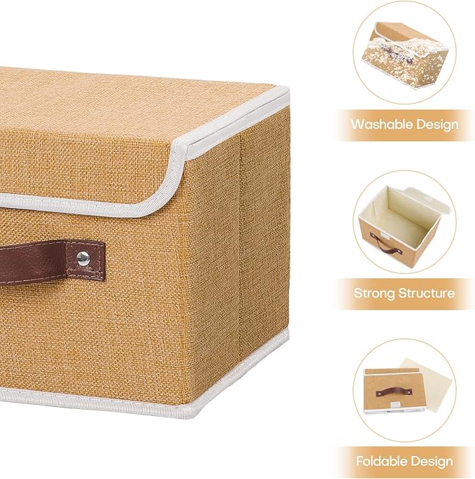 ANMINY Fabric Storage Box Bins with Lids, Khaki, 10"x8"x7", 2 Pack | Keepsake Memory Storage, Cotton Linen, PP Board Reinforced, Washable, PU Handles, Foldable & Stackable, Decorative, Small