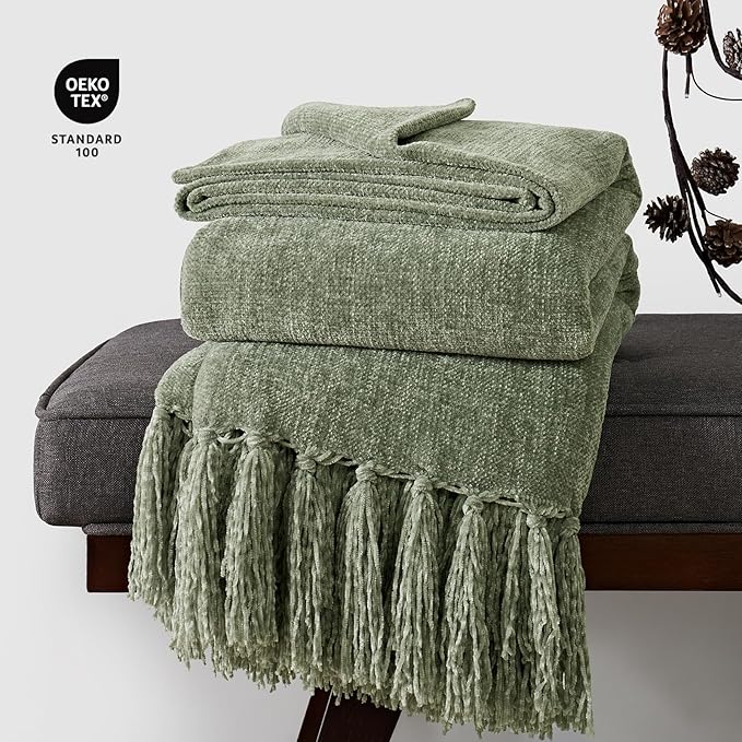 Chenille Knit Throw Blanket for Couch, 60"x80", Sage Green | Cozy Plush Fuzzy Knittd Throw with Tassels, Lightweight, Decorative, Farmhouse Decor, Ideal for Bed Sofa Gift, All Seasons