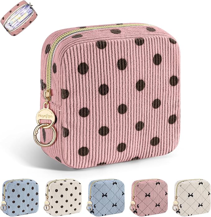 Period Bag for Teen Girls, Corduroy Cute Sanitary Napkin Storage Bag, Menstrual Pad PouchesTampon Holder for Purse (Pink-Polka Dot)