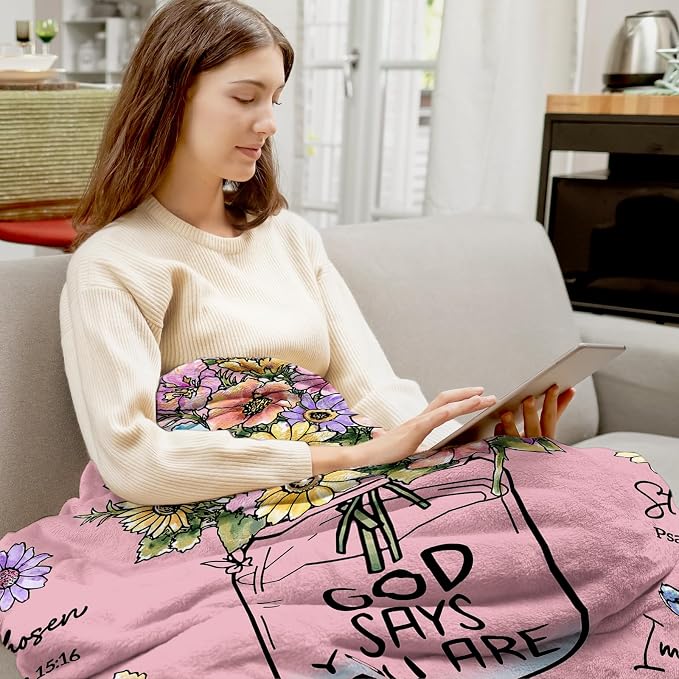 Christian Birthday Gifts for Women, Christian Religious Blanket with Flower | Birthday Gifts for Women, Spiritual Baptism Gifts for Grandma Mom Daughter Girls Wife, Soft Throw Blanket 80''x 60'', Pink