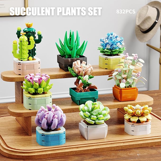 9 in 1 Tiny Flowers Succulents Artificial Plant Set-Creative Botanical Building Block Toy, Botanical Collection for Office&Home Decor, Birthday Gift for Adults and Kids 8-12(832 PCS)