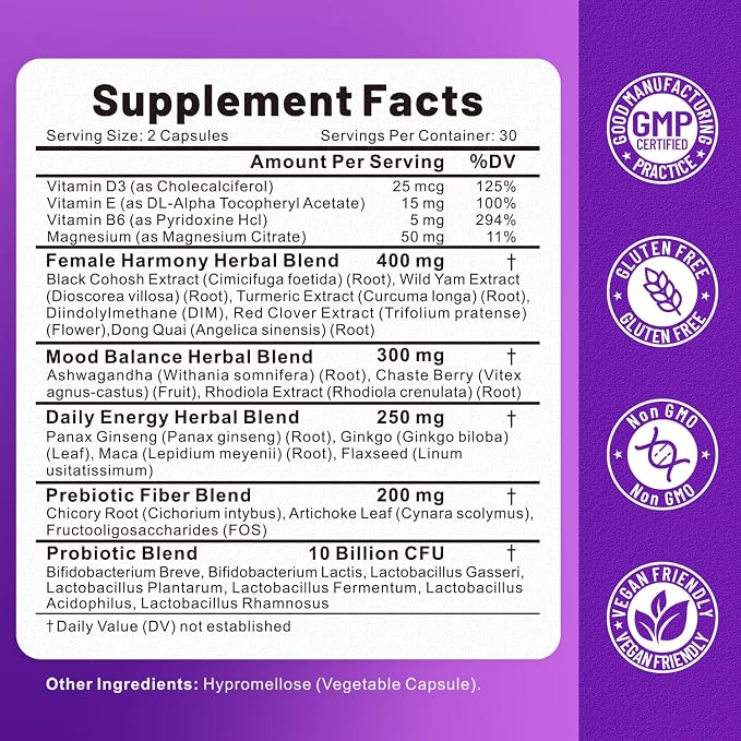 Menopause Supplements for Women, 27-in-1 Multi-Herbal with Prebiotics and Probiotics, Black Cohosh, Ashwagandha, DIM, Menopause Relief for Hot Flashes, Mood Swings & Night Sweats, 60 Capsules