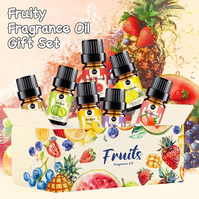 RAINBOW ABBY Fruity Fragrance Oil for Candle & Soap Making, 10 Fruit Scents in 5ML Bottles, Coconut, Strawberry, Watermelon, Mango, Pineapple, Summer Premium Aromatherapy Diffuser Oils Set