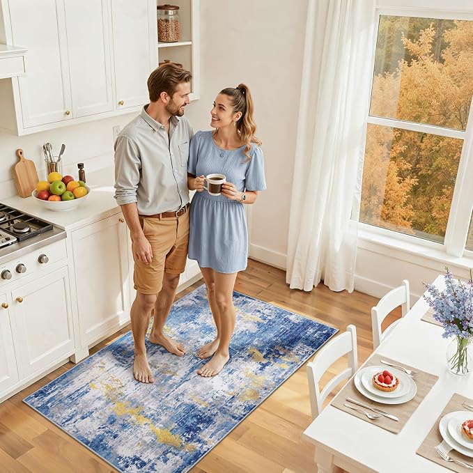 RELEANY Washable 3'x5' Abstract Area Rug for Living Room Blue Gold | carpet for bedroom, kitchen, office, hallway and entryway, printed pattern, non-slip, soft, stain-resistant, easy to clean