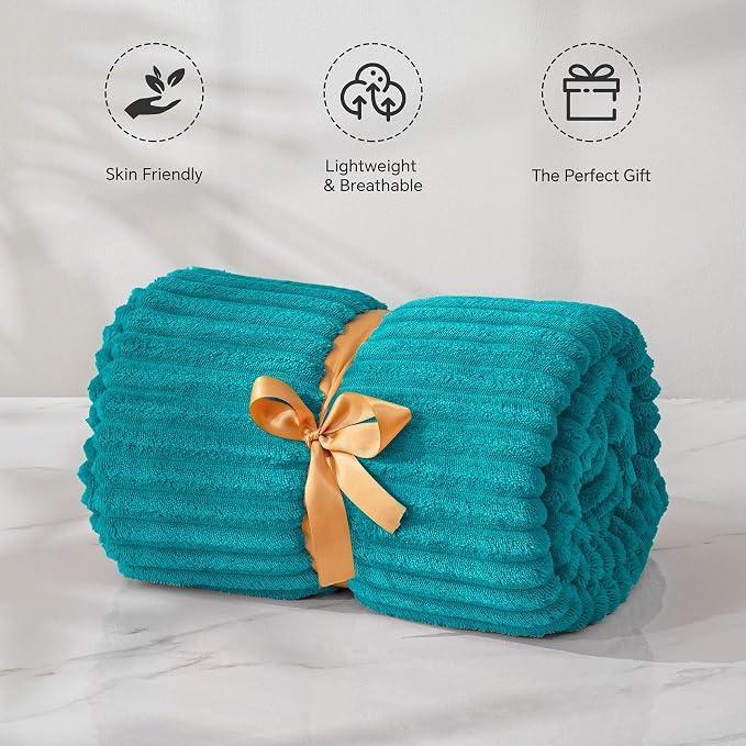 BEDELITE 3D Ribbed Ocean Blue Fleece Throw Blanket for Couch, 50x60 Inch | Soft Warm Decorative Fluffy Blanket, Cozy Plush Lightweight Fuzzy Throw Blanket for Bed Sofa Home Room Decor, Gift for Women