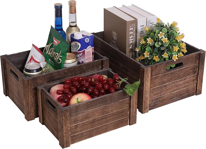 Farmhouse Antique Black Wooden Crate for storage,Rustic Decorative Boxes,Set Of 3 Nesting Wooden Storage Crates For display,Handmade Natural Solid Wood Box (Rustic Black)