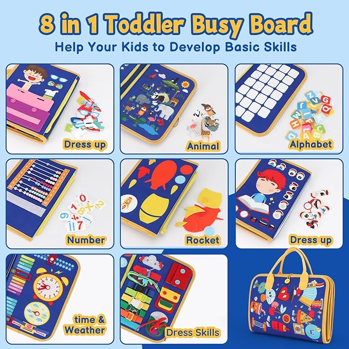 Toddler Toys Montessori Busy Book For Toddler Birthday Gift Educational Sensory Toys With 12 Preschool Learning Activities, Learning Toys For Airplane/Car, Non-Tearable Pages, Gift For Boys Girls