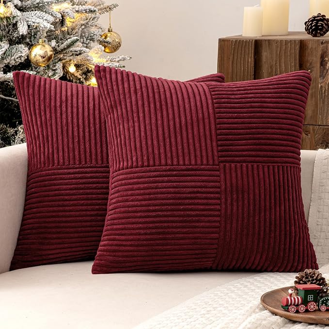 MIULEE Burgundy Decorative Throw Pillow Covers for Couch 18x18 Inch | 2 Pack, Boho Farmhouse Pillow Covers, Soft Cross Corduroy Patchwork Textured Cushion Cases For Bed Sofa