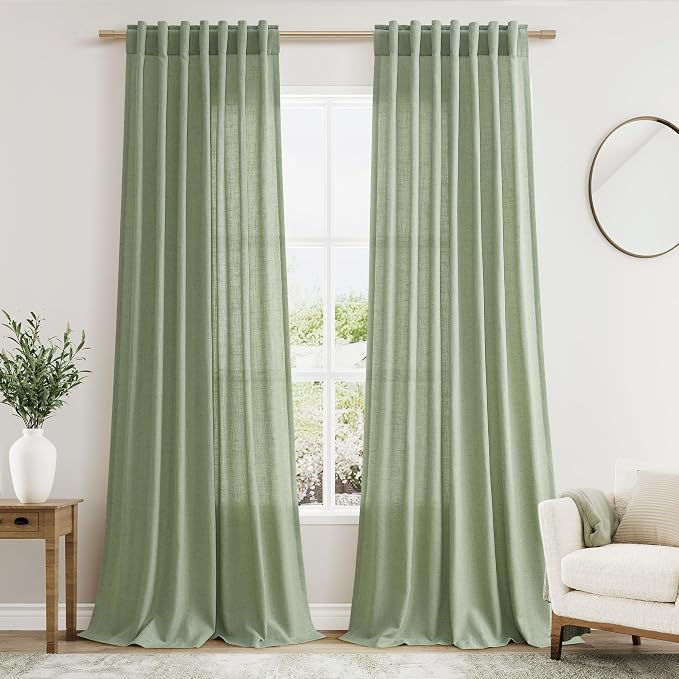 Nanspring Light Sage Linen Curtains 96 Inches Long 2 Panels Set for Living Room Rod Pocket Back Tab Semi Sheer Light Filtering Protect Privacy Pale Green Curtain for Bedroom Floor Length 52x96