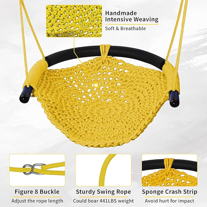 Hi-Na Kids Swing Seats Indoor Hand-Made with Adjustable Rope, Outdoor Tree Child Swing Seat for Backyard, Playground, Outside, Yellow, Polyester