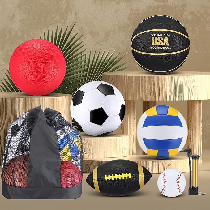Libima 6 Pcs Multi Sport Ball Set Gift Official Size Football, Basketball, Soccer, Volleyball, Playground Ball, Baseball with Outdoor Sports Equipment Bag Pump for Christmas Holiday