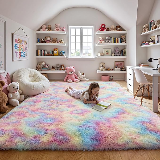 Rainbow Fluffy 9x12 Area Rug Soft Washable Shag Carpet for Girls Bedroom | Cute plush fuzzy rug for living room, kids room, nursery, dorm, baby, and toddler