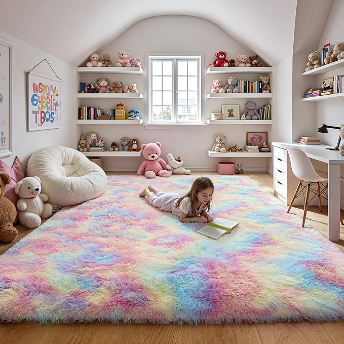 Fluffy Rainbow Large Area Rug 8x10, Soft Washable Shag Carpet | Cute plush fuzzy rug for girls bedroom, living room, nursery, kids and toddler rooms