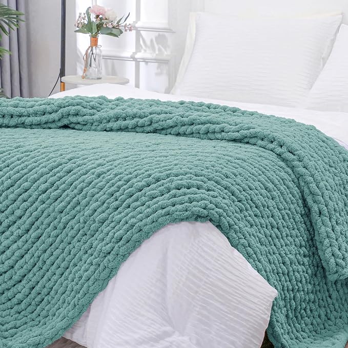 Bigacogo Chunky Knit Throw Blanket for Couch, 51x63 inches, Light Teal | Hand Knit with Jumbo Chenille, Soft Breathable Cable Knit for Sofa Bed Living Room, Machine Washable, Gift for Mom Friend