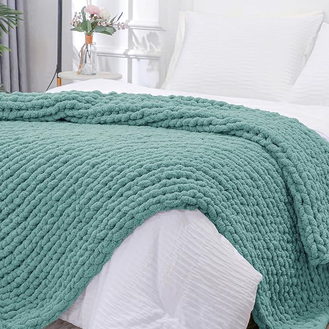 Bigacogo Chunky Knit Throw Blanket for Couch, 40x80 inches, Light Teal | Hand Knit with Jumbo Chenille, Soft Breathable Cable Knit for Sofa Bed Living Room, Machine Washable, Gift for Mom Friend