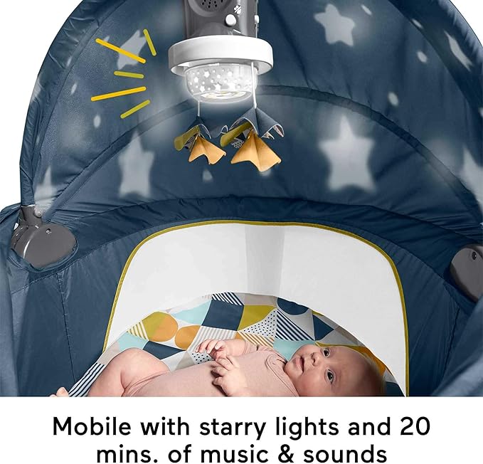 Fisher-Price Portable Baby Bassinet and Play Space Deluxe On-the-Go Projection Dome with Lights Music and Canopy, Cool Hues