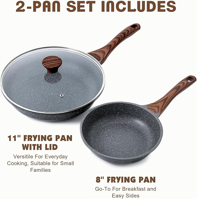 SENSARTE Nonstick Frying Pans, Grey(8+11Inch with Lid) | Swiss Granite Coating, Free of PFOA&PFOS, Compatible with All Stoves Including Induction Cooktops, Easy to Clean