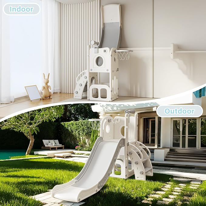 6 in 1 Toddler Slide, Indoor Outdoor Playground for Kids 1-3, Baby Slide with Basketball Hoop, Storage, Climber and Telescope,Gray White