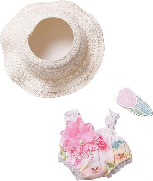 Designer Clothes Set for 17cm Dolls, Labooboo Doll Swimsuit, Doll Summer Outfits Accessories with Pink Floral One-Piece Swimsuit, Flower Hair Decor and Straw Hat