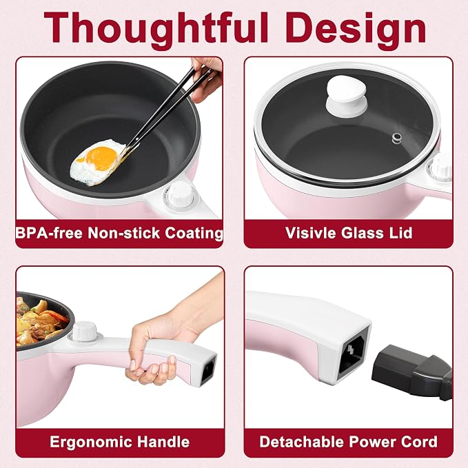 Dezin Electric Pot, 1.5L Non-Stick Portable Hot Pot Electric Upgraded, 700W | Dual Power, Electric Pot for Cooking Steak, Egg, Soup, Mini Ramen Cooker for Dorm, Travel, Camping, RV, Office, Pink Pan