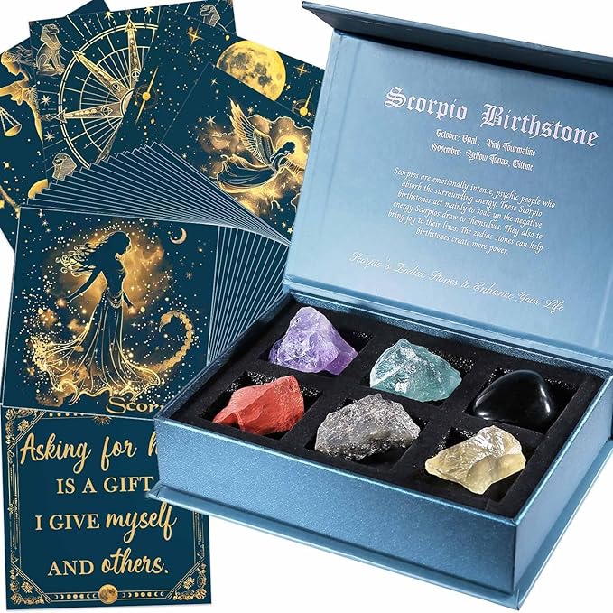 Faivykyd Scorpio Crystals Gifts for Women, 6 Scorpio Zodiac Healing Stones w/50 Miracle Mantras Affirmations Cards, Spiritual Gifts for Positive Energy, Self-Love & Wealth
