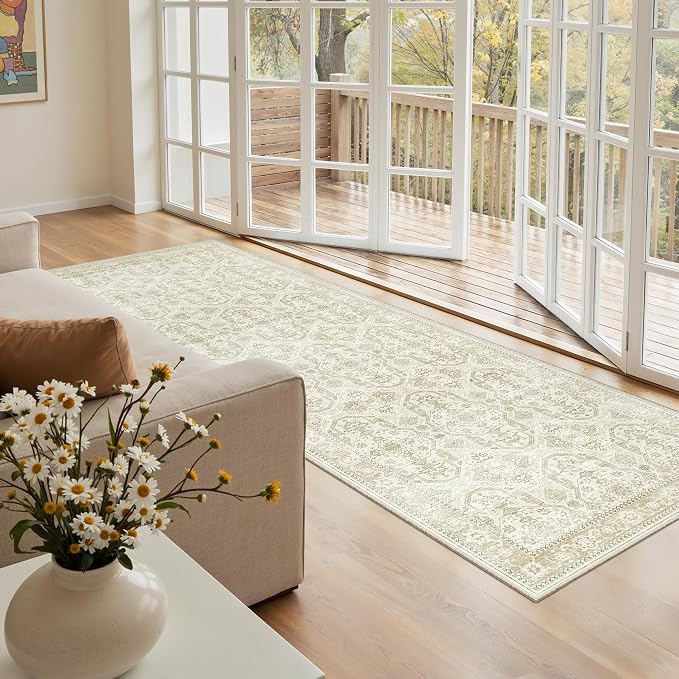 Soalmost Runner Rug 2x6 Washable Kitchen Hallway Runners Beige/Brown | Non-Slip Low-Pile Rugs for Entry Bathroom Laundry Room, Vintage Foldable Floor Carpet Mat Entryway for Corridor Bedroom