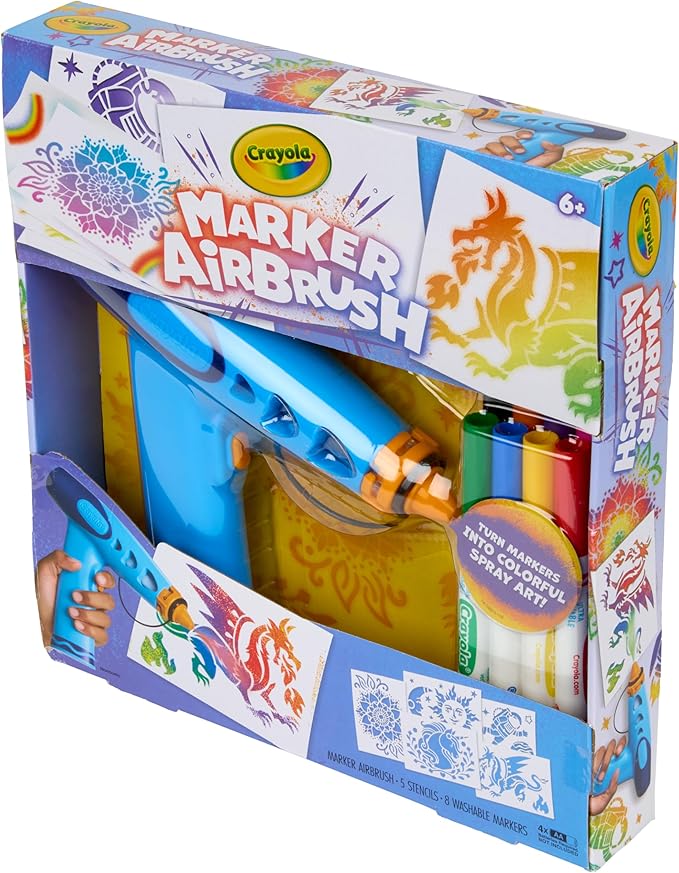 Crayola Marker Airbrush Spray Art Kit, Essential Easter Basket Stuffer for Kids, Battery-Powered Sprayer with 8 Washable Markers & 5 Stencils, DIY Craft Set, Ages 6+