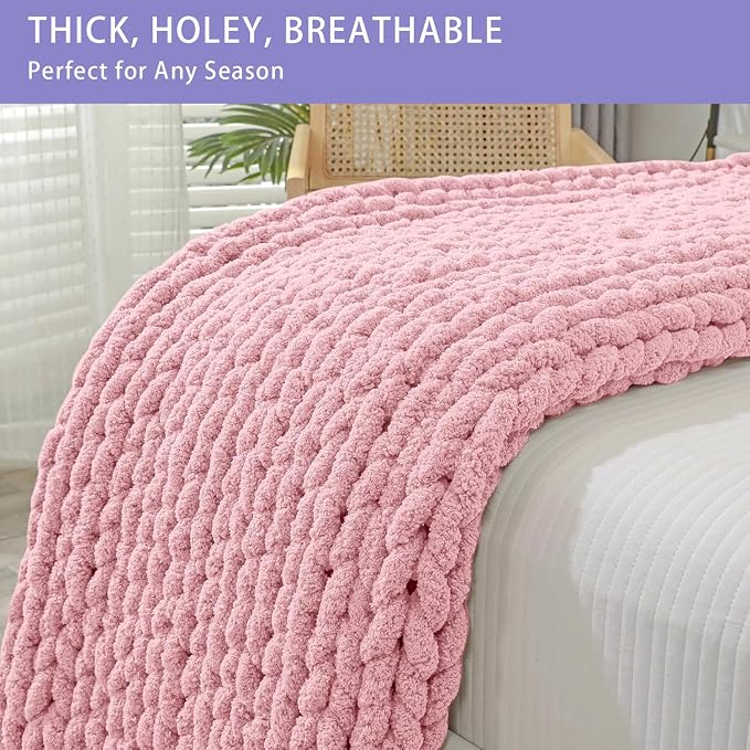 Bigacogo Chunky Knit Throw Blanket for Couch, 40x60 inches, Blush Pink | Hand Knit with Jumbo Chenille, Soft Breathable Cable Knit for Sofa Bed Living Room, Machine Washable, Gift for Mom Friend
