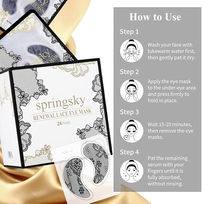 SPRINGSKY Under Eye Patches,Lace Eye Mask for Puffy Eyes and Dark Circles,Collagen Skin Care Products,Hydrating,Smoothing,Anti-Aging Eye Patch for Under Eye Bags（24 Pairs）