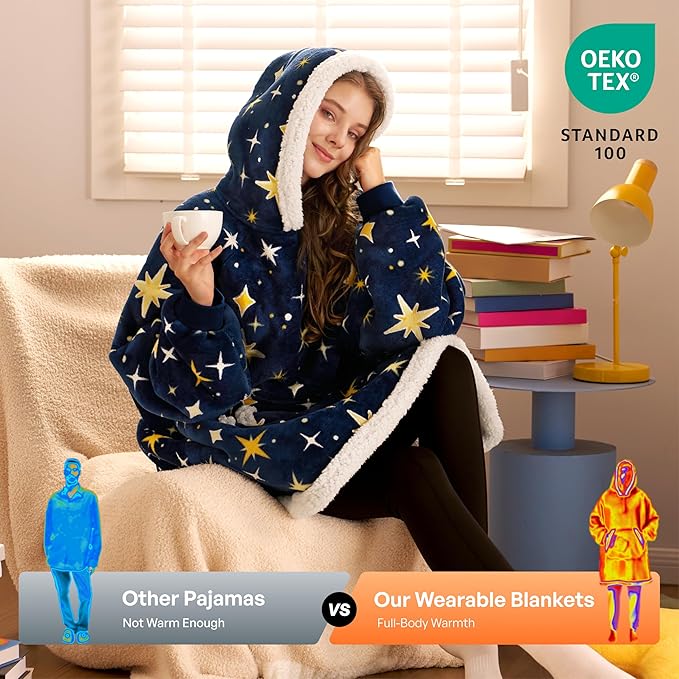 Giggling Getup Wearable Blanket Hoodie for Adults Gifts for Teen Girls Sister Women Sherpa Fleece Printed Hooded Blanket Sweatshirt Warm Cozy with Pocket & Sleeves Dark Blue Glowing Stars