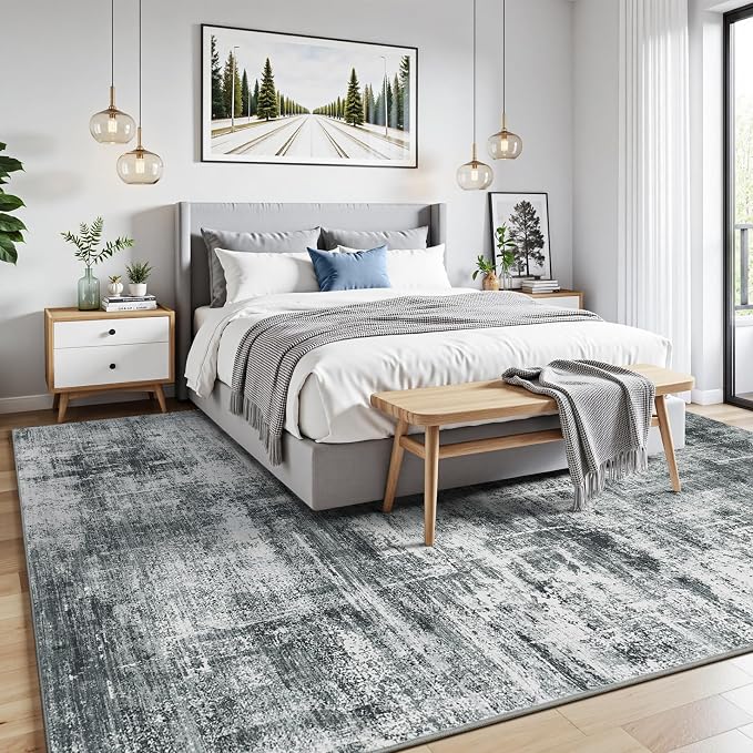 9x12 Area Rug for Living Room, Abstract Washable Non-Slip Large Rugs, Grey | Neutral Carpets for Bedroom, Dining Room, Home Office Nursery Indoor, Stain Resistant, Low Pile, Non-Shedding Modern Rug