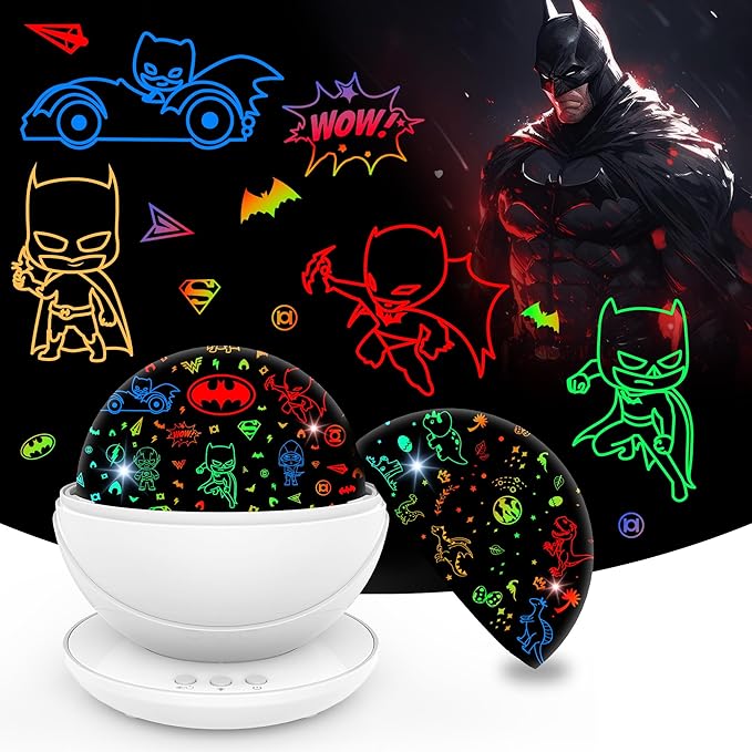 VANSHINIEER Batman Night Light Projector for Boy,Kids Night Lights with Batman and Dinosaur Theme,360 Degree Rotation,15 Mode Color Changing,Birthday Gift Toys