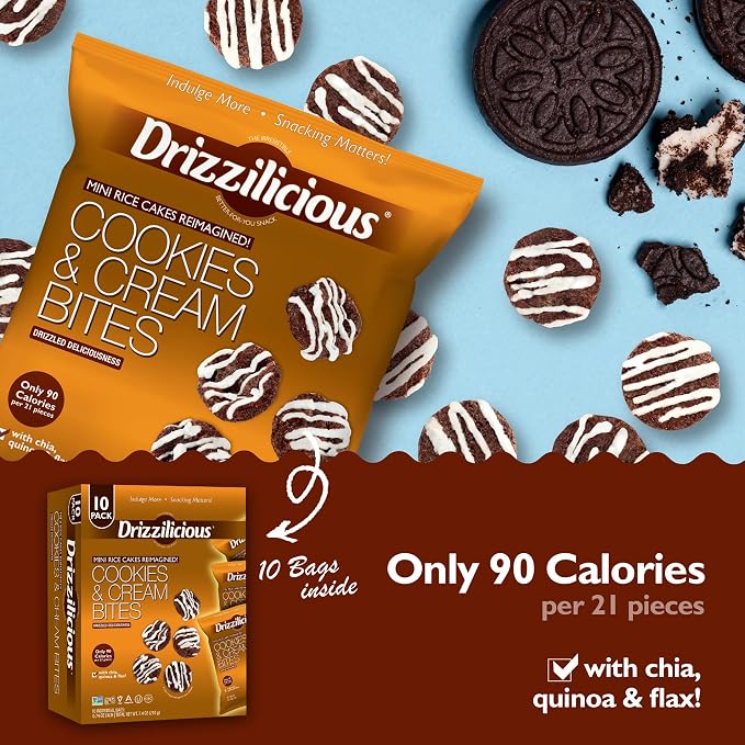 Drizzilicious Mini Flavored Rice Cakes Cookies & Cream - Rice Crisps, Healthy Snack for Adults and Kids, Vegan, Gluten Free Snack, Allergen Free, Only 90 Calories Per Bag - 0.74 oz (Pack of 10)