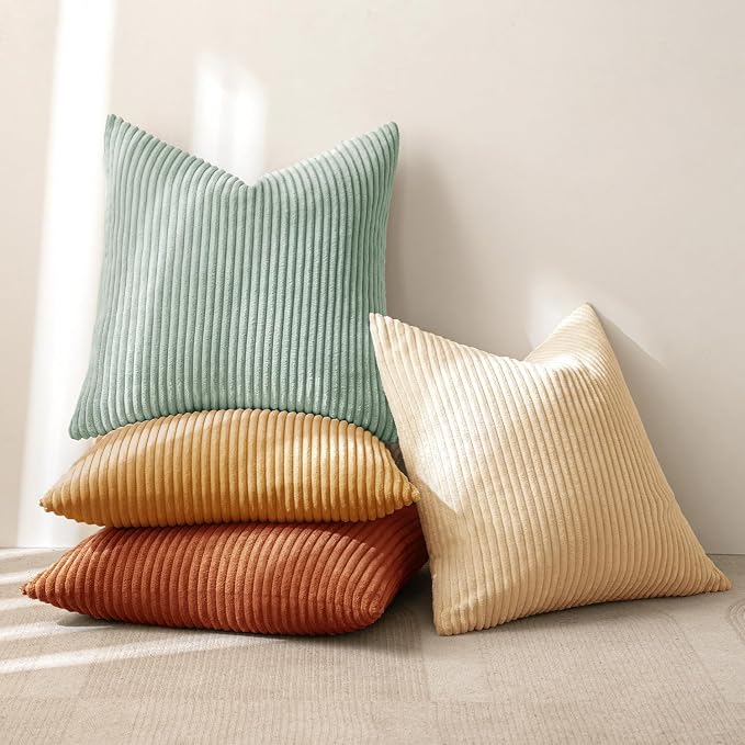 MIULEE Soft Corduroy Decorative Throw Pillow Covers Teal-Rust 16x16 | Set of 4, Mordern Rustic Home Decor, Retro Vintage Set, Boho Farmhouse Cushion Covers for Couch Bed Sofa Living Room