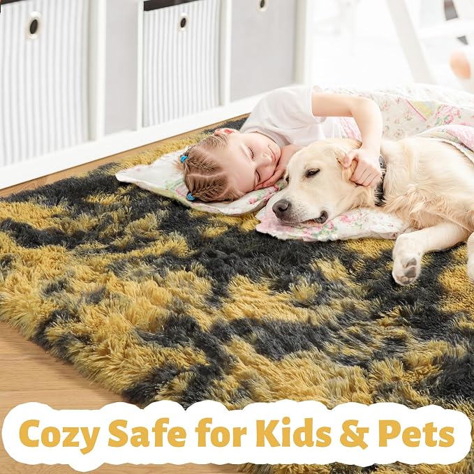 Amdrebio Black Gold Grey Fluffy Area Rug 5x7 for Bedroom Living Room Dorm | Fuzzy Plush Fuzzy Mustard Yellow Leopard Cheetah Carpet, Classroom Men Cave Bedside Office Playroom Decor, Baby Kids Corner