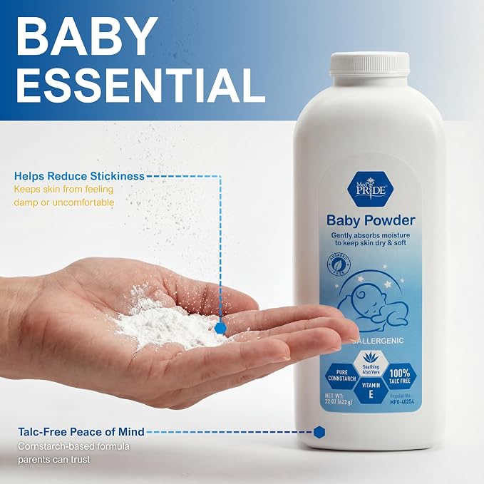 MED PRIDE Baby Powder Talc Free Cornstarch Formula with Aloe Vera and Vitamin E, Hypoallergenic Skin Care for Diaper Changes and Daily Use, 22 Ounce Bottle