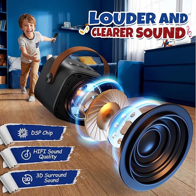 Mini Karaoke Machine with 2 Wireless Microphones for Kids Adults, Portable Bluetooth Speaker, 2026 Top Birthday Gift for Boys Girls 3, 4, 5, 6, 7, 8, 9, 10, 12+ Years Old Grandkids Present (Black)