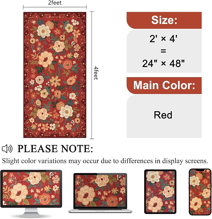 DUKINO 2x4 Entryway Rug, Floral Washable Kitchen Rugs Non Slip, Red | Low Pile, Soft Indoor Runner Rug for Hallway, Bedroom, Bathroom, Laundry, Pet Friendly, Modern Home Decor, Stain Resistant