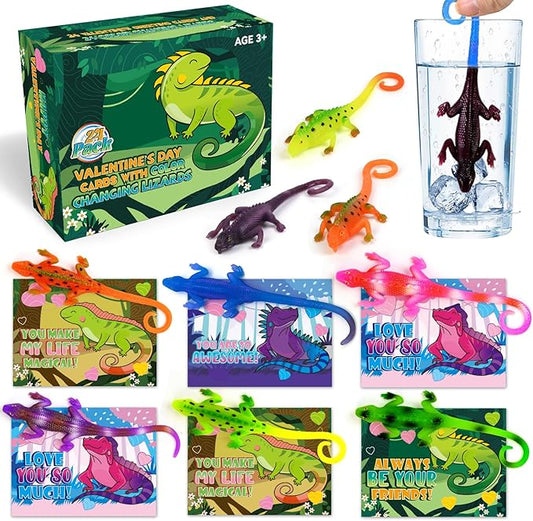 24PCS Valentines Day Cards for Kids School Classroom Exchange, Valentine's Day Gift Cards with Change Color Lizard Toys, Valentines Greeting Cards Bulk for Kids School Classroom Exchange